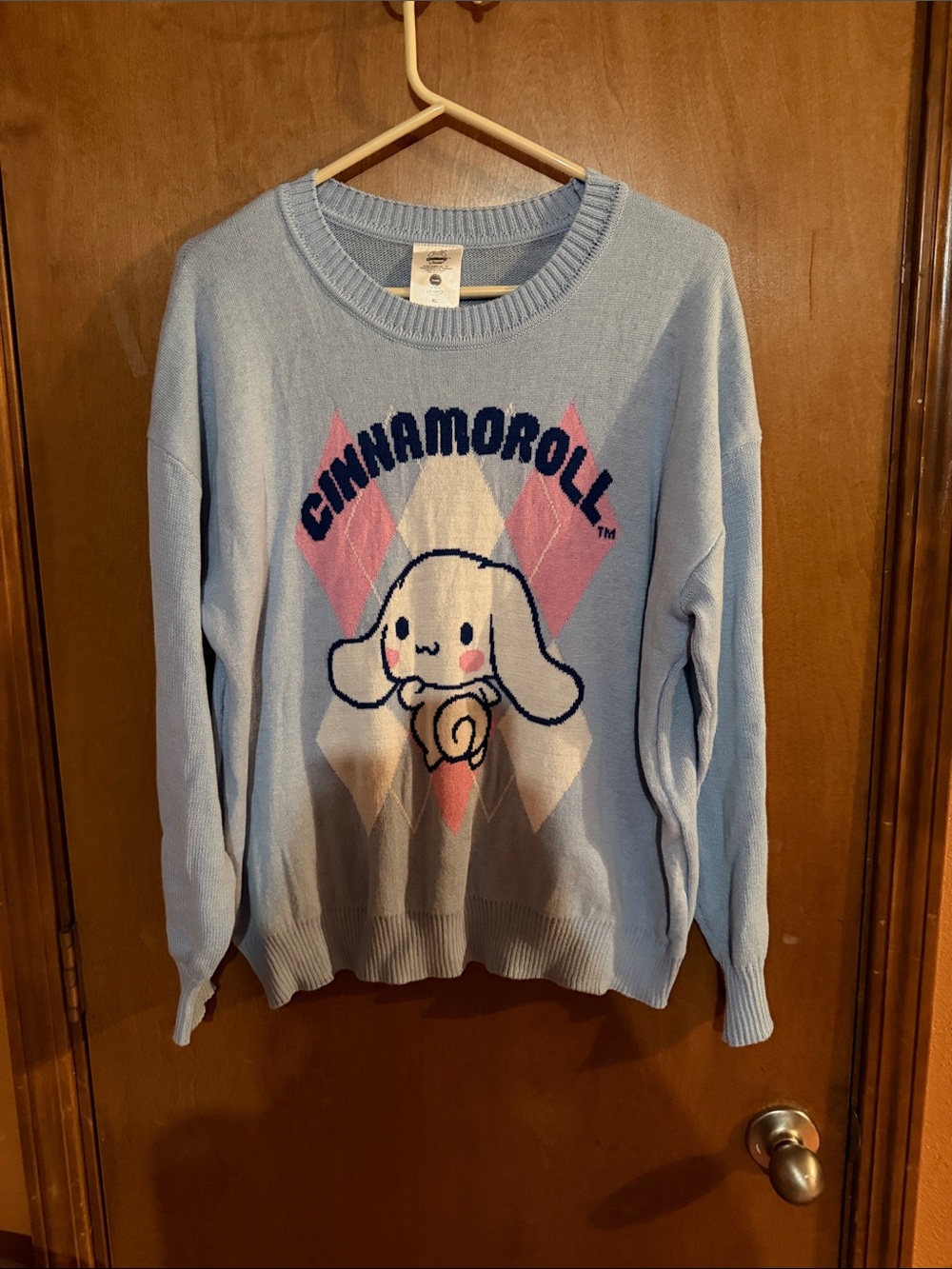Sanrio Cinnamoroll Pastel Blue Pullover Sweater with Argyle Graphic